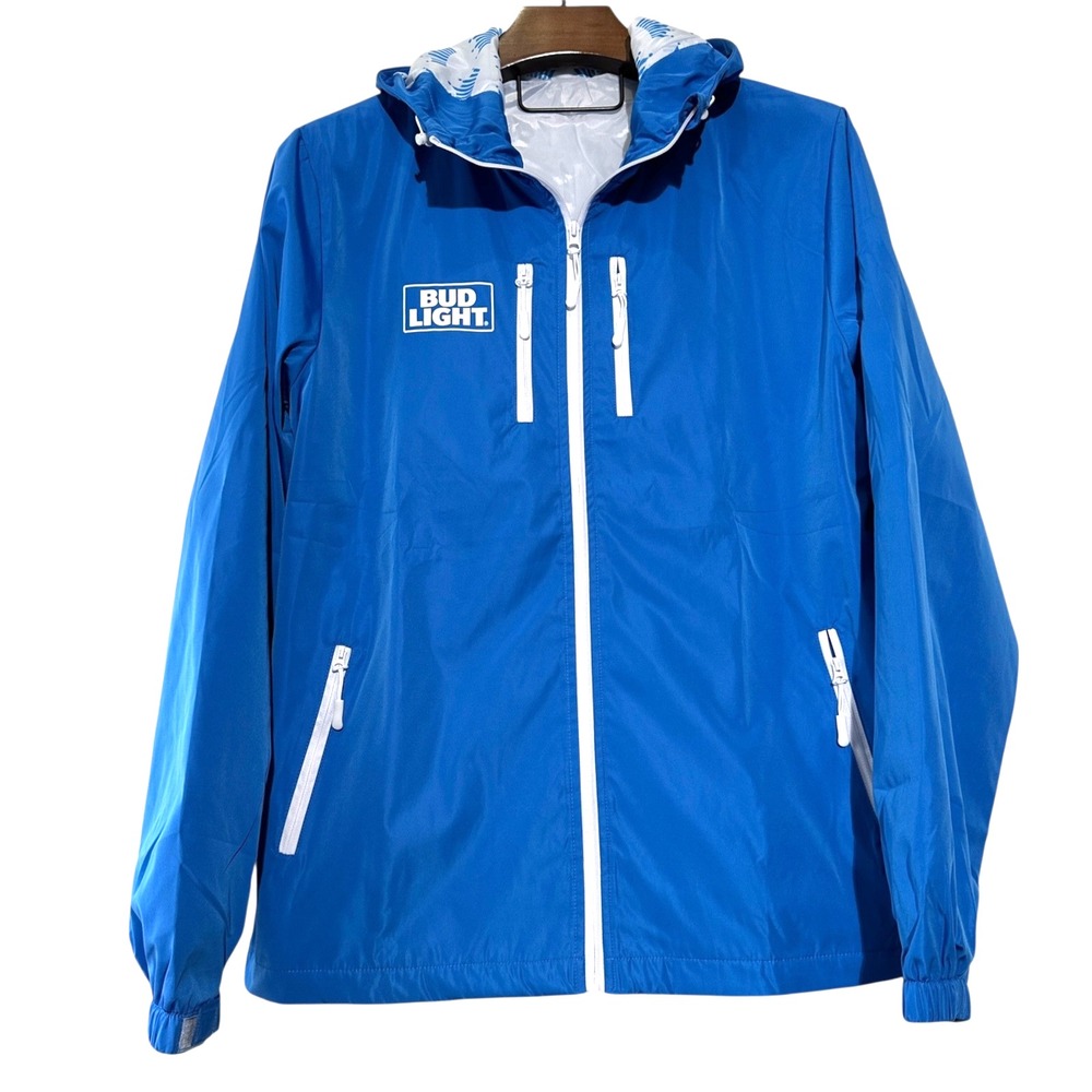 BUD LIGHT Blue Stormwall Windbreaker WBFZ101 Waterproof Hood Zip Pockets 2XL XXL